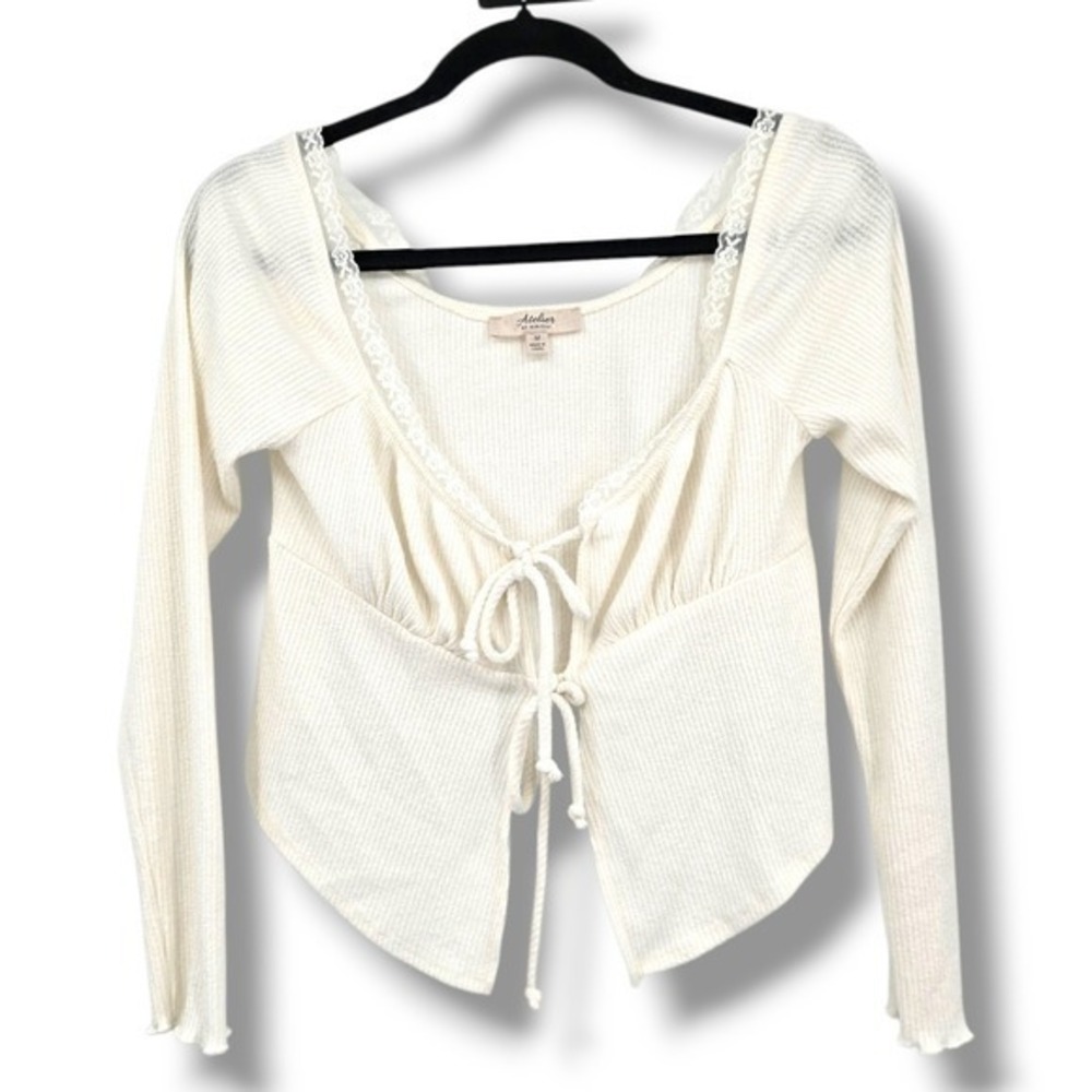 Atelier by Kirious Coquette Tie Front Top‎ Lace Trim Long Sleeve Cream Size M